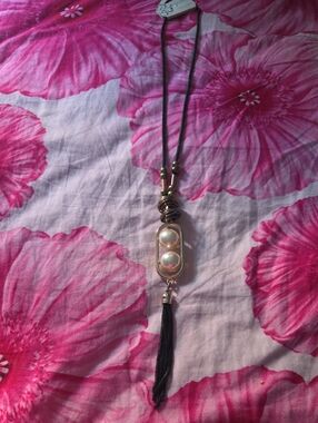 Long Black Tassel Necklace with Pearl Accent